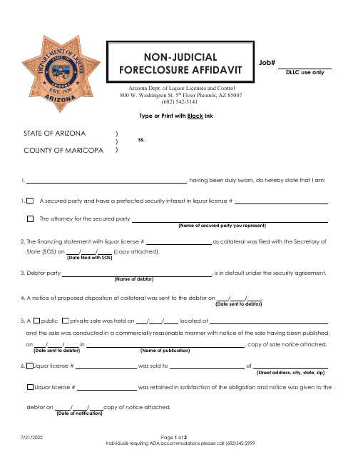 Non-judicial Foreclosure Affidavit - Arizona Download Pdf