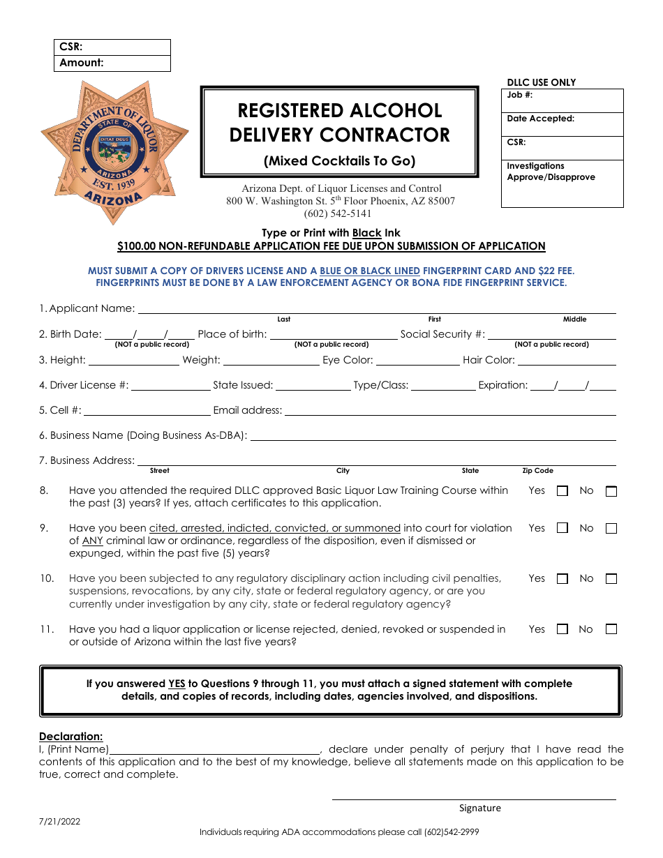 Registered Alcohol Delivery Contractor Application - Arizona, Page 1