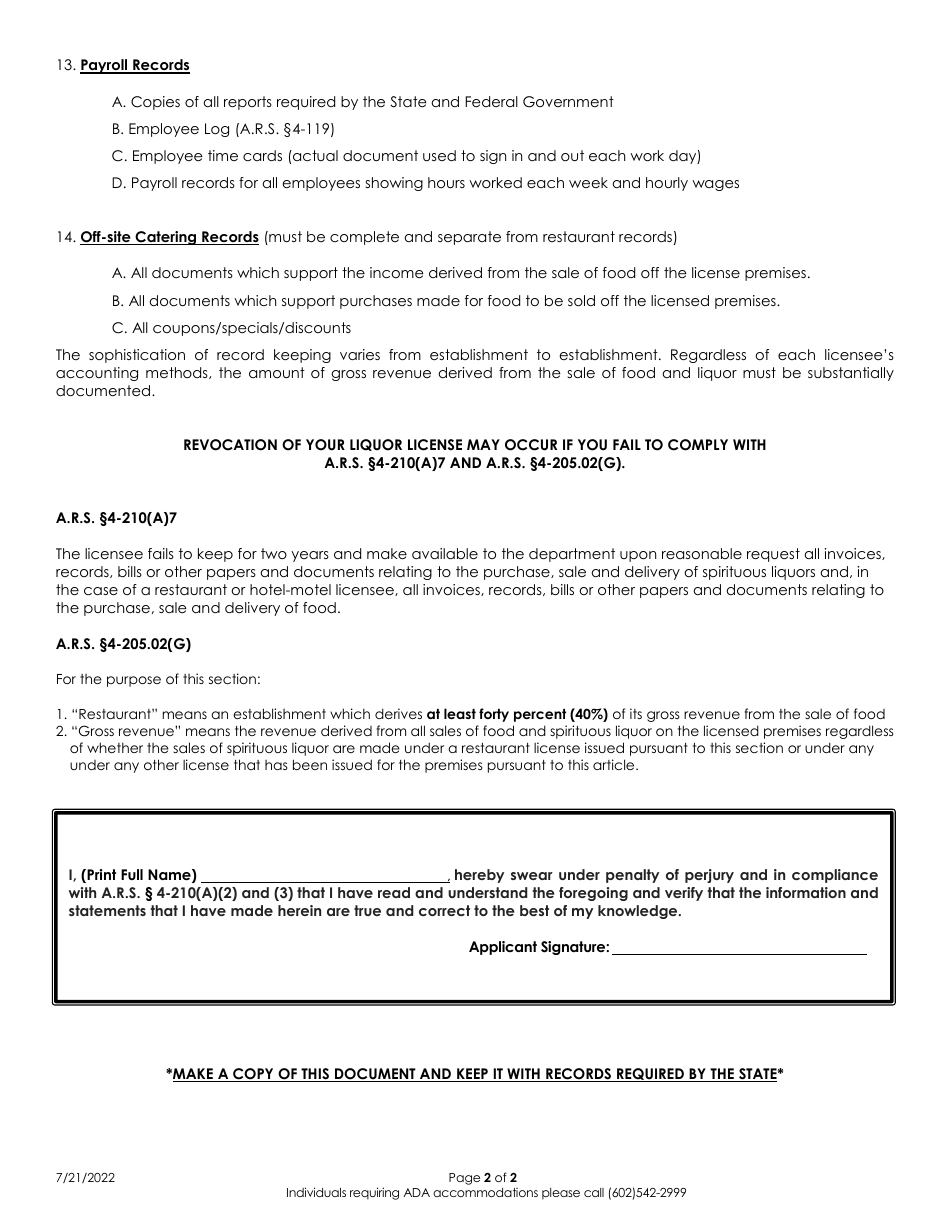 Records Required for Audit - Restaurant / Hotel / Motel - Arizona, Page 2