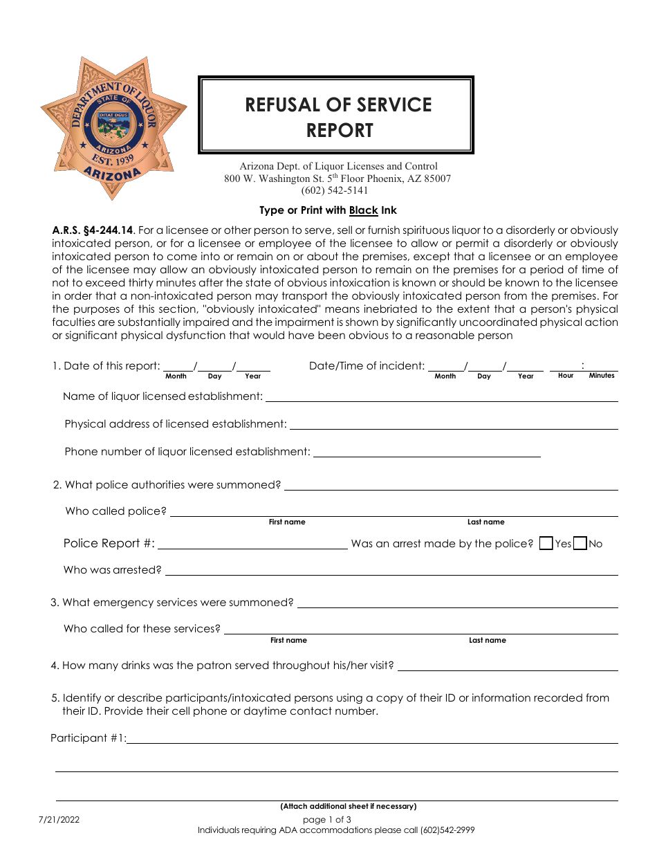 Refusal of Service Report - Arizona, Page 1