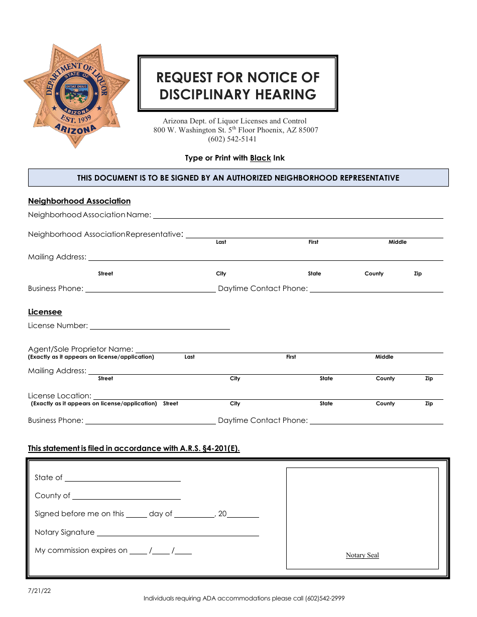 Request for Notice of Disciplinary Hearing - Arizona, Page 1