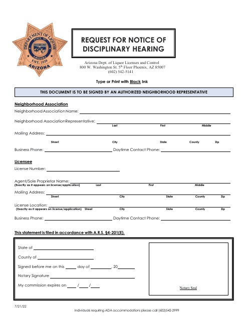 Request for Notice of Disciplinary Hearing - Arizona Download Pdf