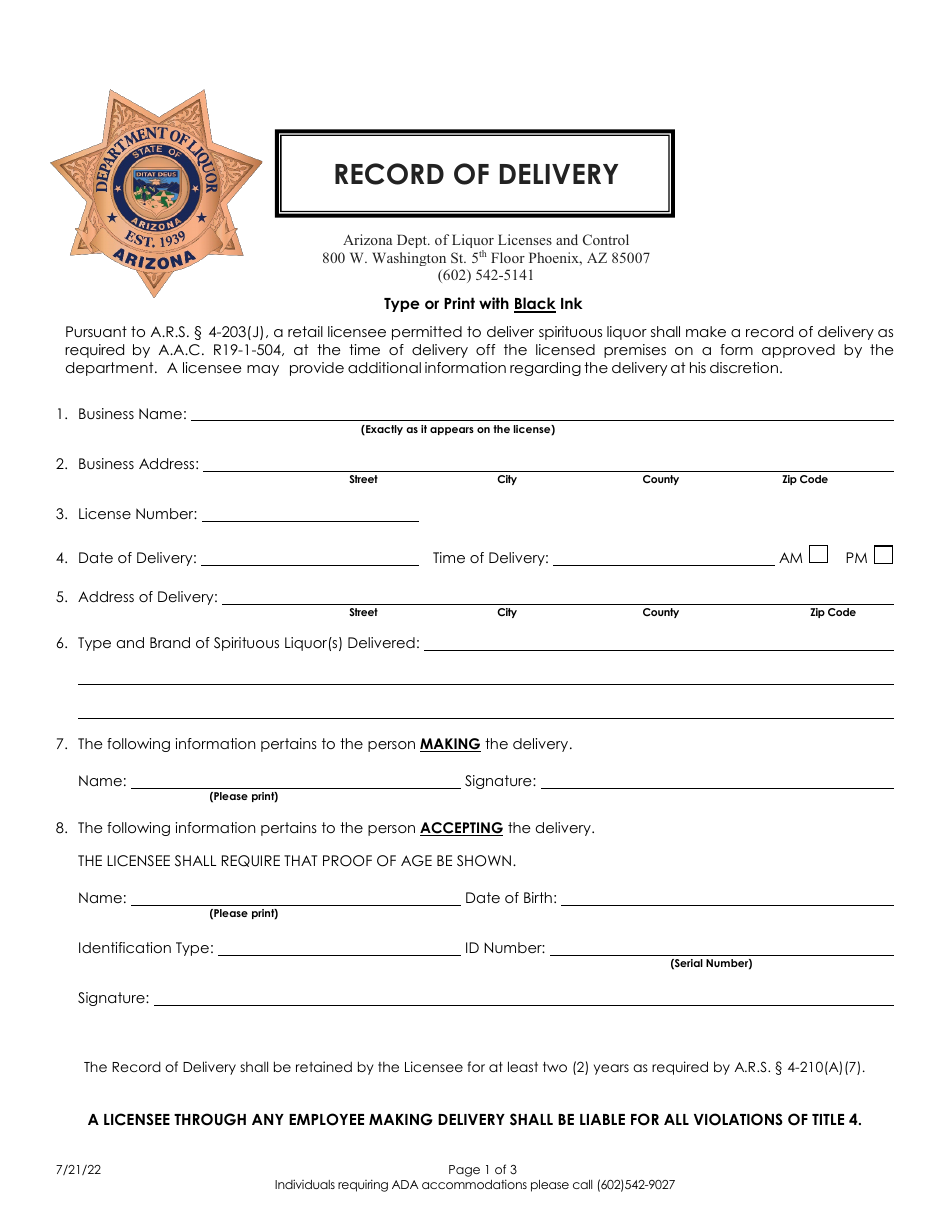 Arizona Record of Delivery - Fill Out, Sign Online and Download PDF ...