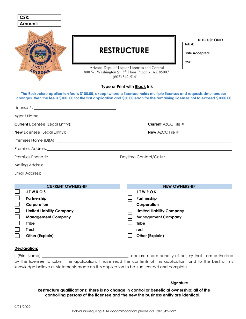 Restructure Application - Arizona, Page 1