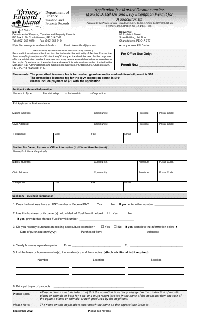 Application for Marked Gasoline and/or Marked Diesel Oil and Levy Exemption Permit for Aquaculturists - Prince Edward Island, Canada