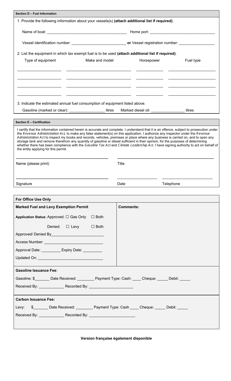 Application for Marked Gasoline and / or Marked Diesel Oil and Levy Exemption Permit for Aquaculturists - Prince Edward Island, Canada, Page 2