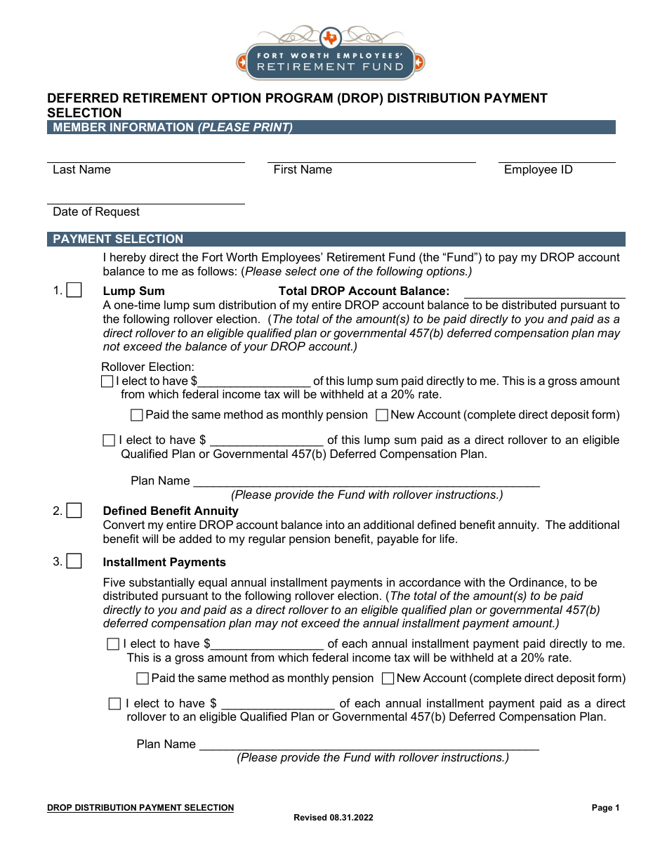 Distribution Payment Selection - Deferred Retirement Option Program (Drop) - City of Fort Worth, Texas, Page 1