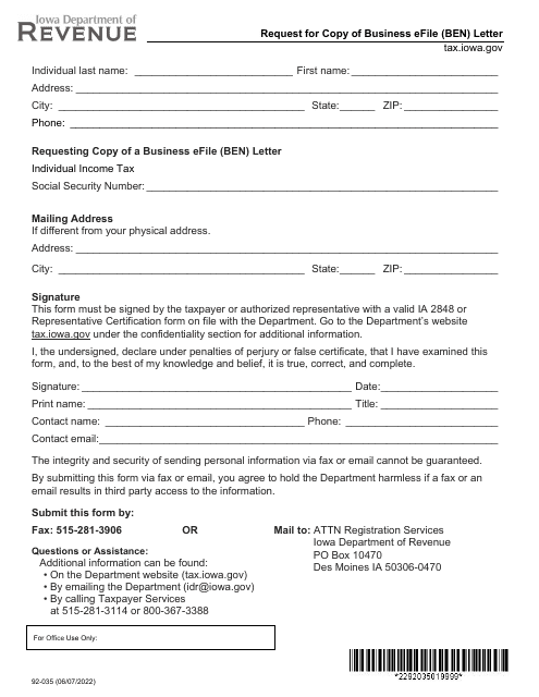 Form 92-035 Request for Copy of Business Efile (Ben) Letter - Iowa