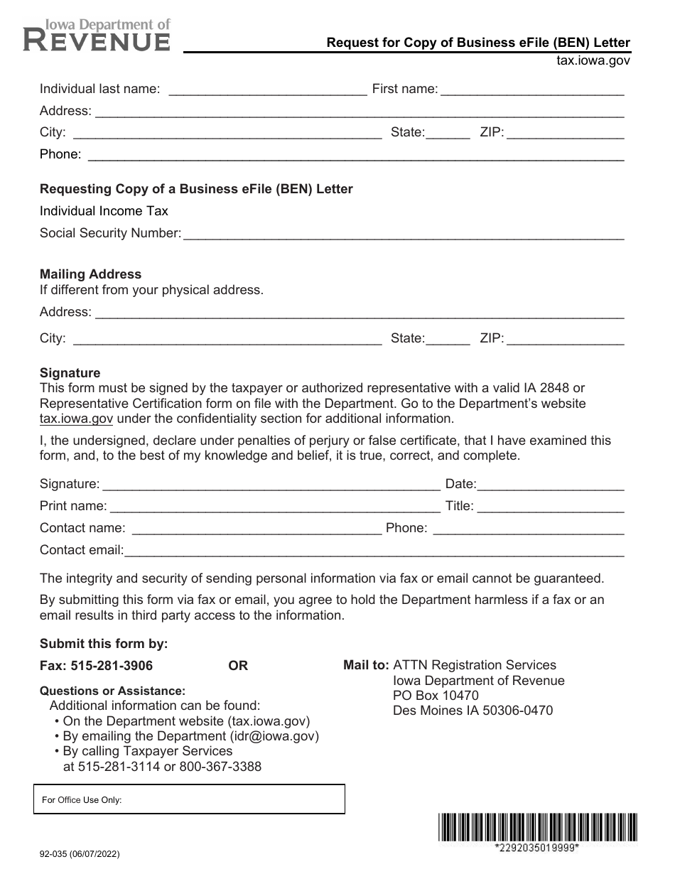 Form 92-035 Request for Copy of Business Efile (Ben) Letter - Iowa, Page 1