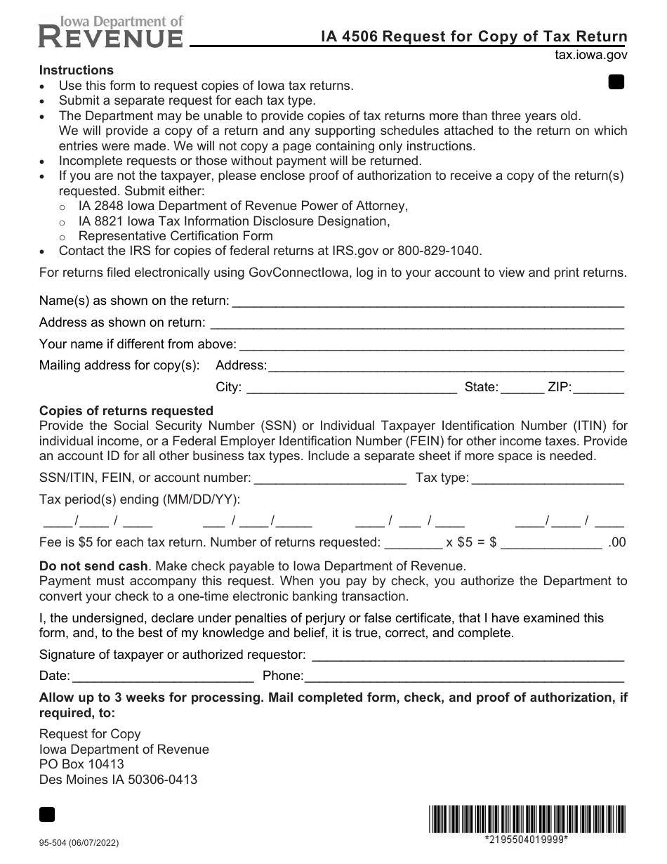 Form IA4506 (95-504) Request for Copy of Tax Return - Iowa, Page 1