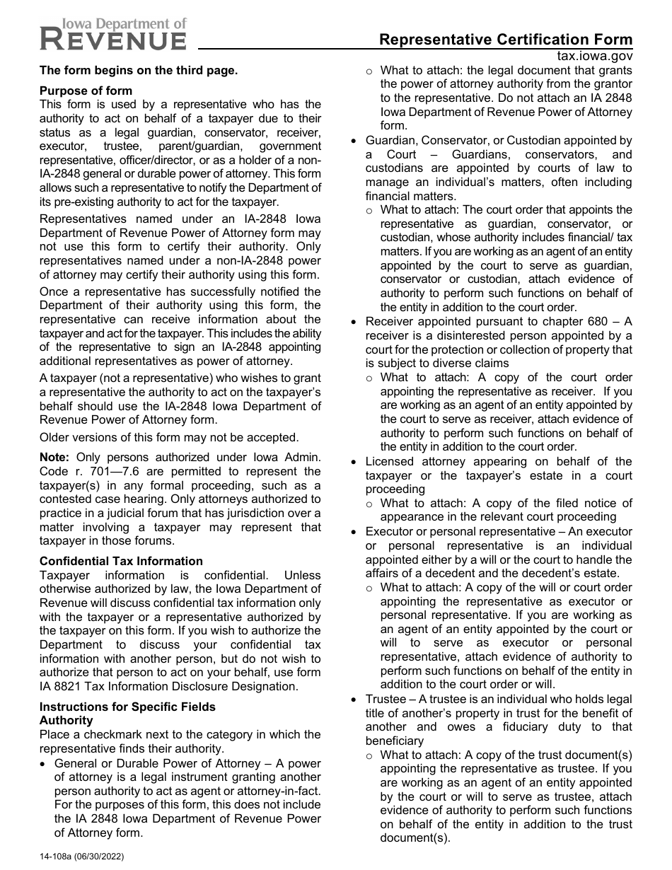 Form 14-108 Representative Certification Form - Iowa, Page 1