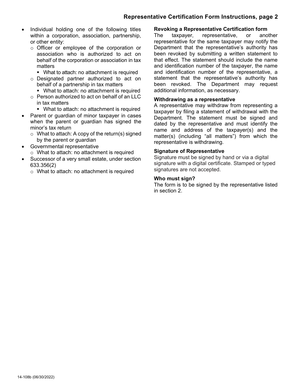 Form 14-108 Representative Certification Form - Iowa, Page 2