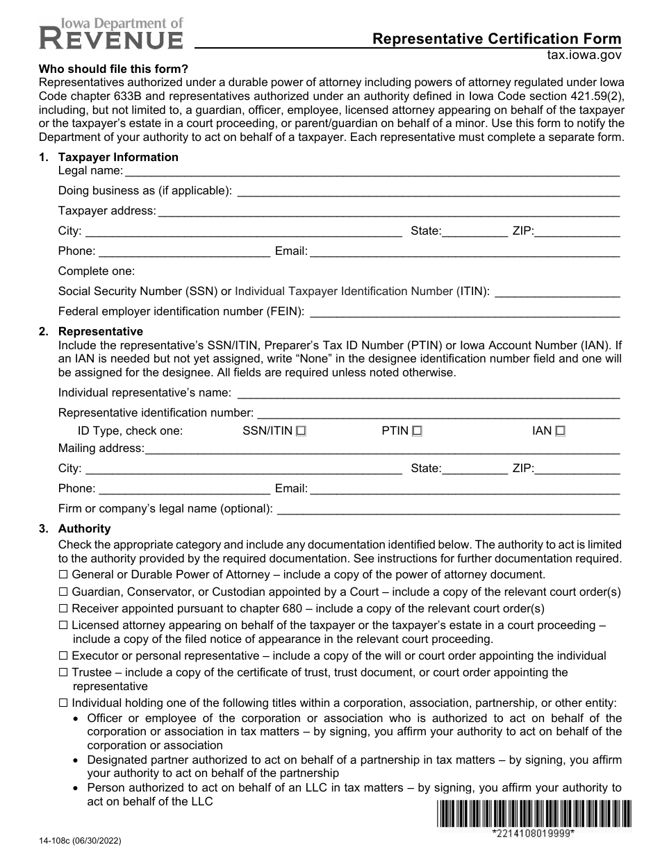 Form 14-108 Representative Certification Form - Iowa, Page 3