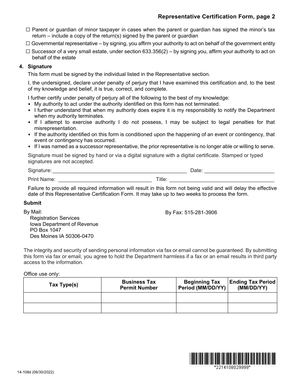 Form 14-108 Representative Certification Form - Iowa, Page 4