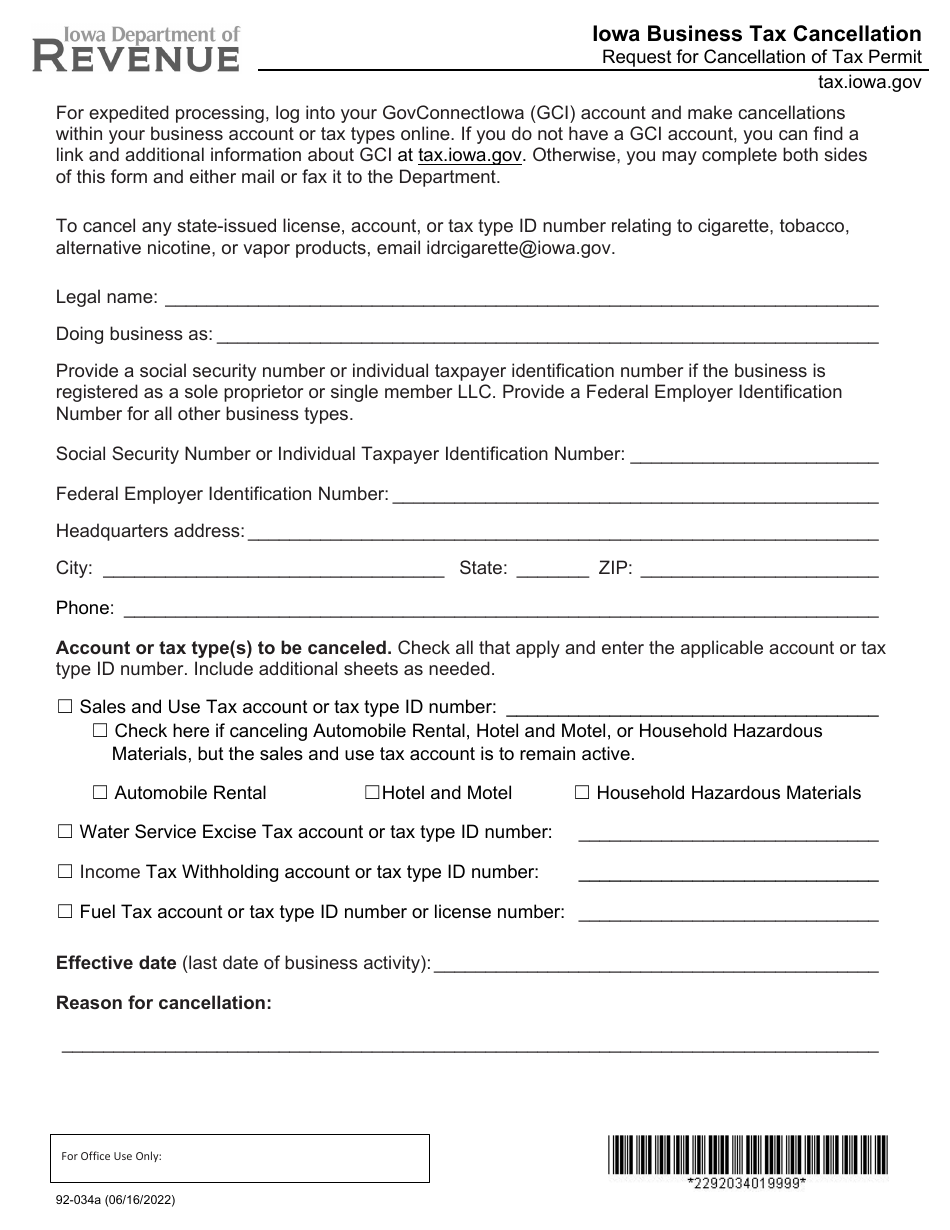 Form 92-034 Iowa Business Tax Cancellation - Request for Cancellation of Tax Permit - Iowa, Page 1