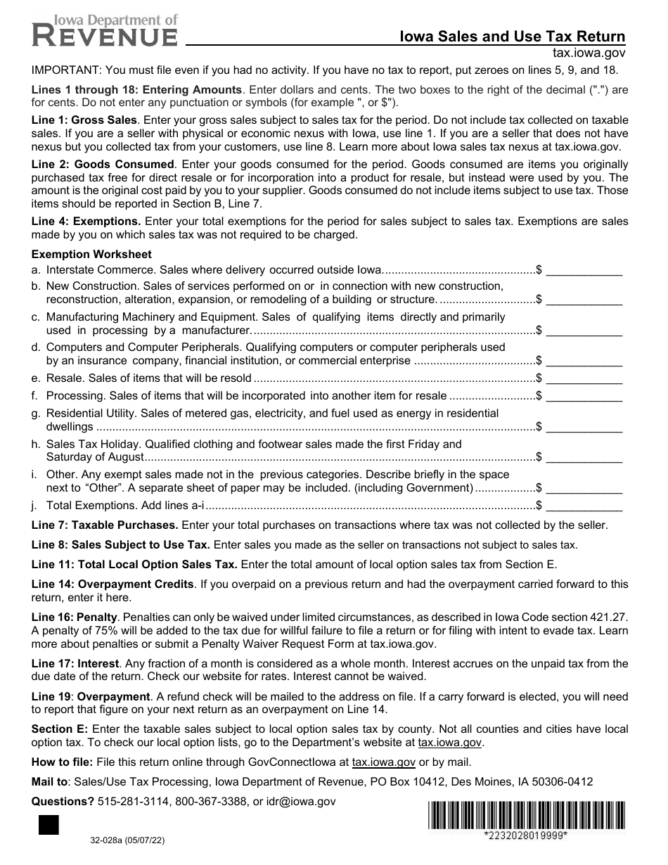 Form 32-028 Iowa Sales and Use Tax Return - Iowa, Page 1