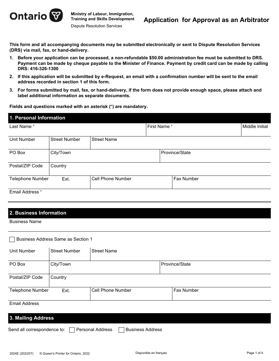 Form 2024e Application For Approval As An Arbitrator Ontario Canada Print Big 