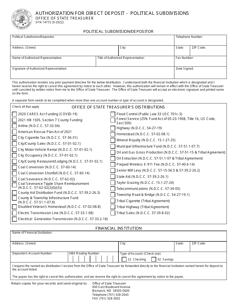 Form SFN14772 Authorization for Direct Deposit - Political Subdivisions - North Dakota, Page 1