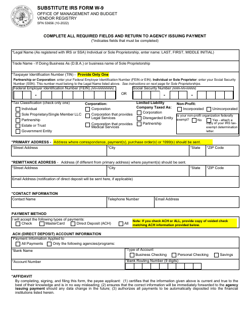 Form SFN53656 Substitute IRS Form W-9 - North Dakota