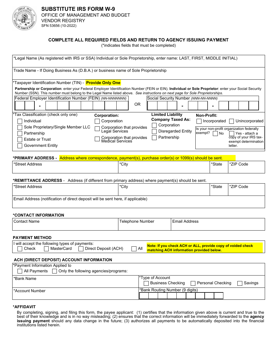 Form SFN53656 Substitute IRS Form W-9 - North Dakota, Page 1