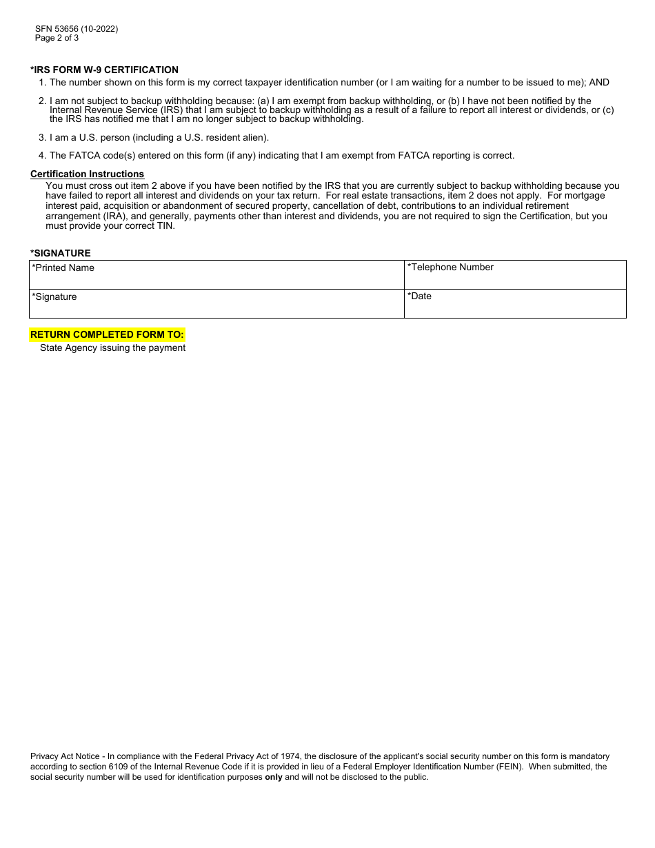Form SFN53656 Substitute IRS Form W-9 - North Dakota, Page 2