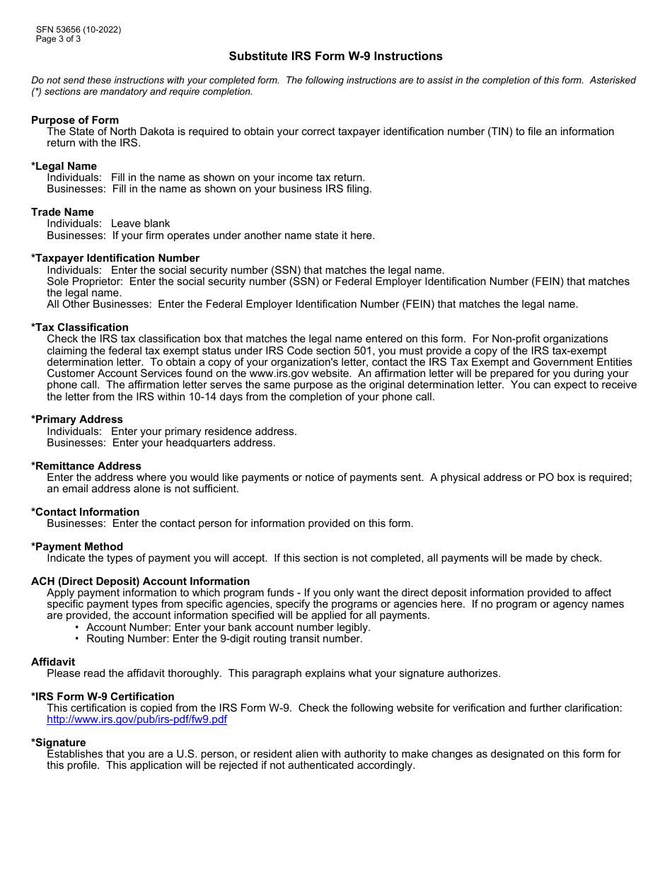 Form SFN53656 Substitute IRS Form W-9 - North Dakota, Page 3
