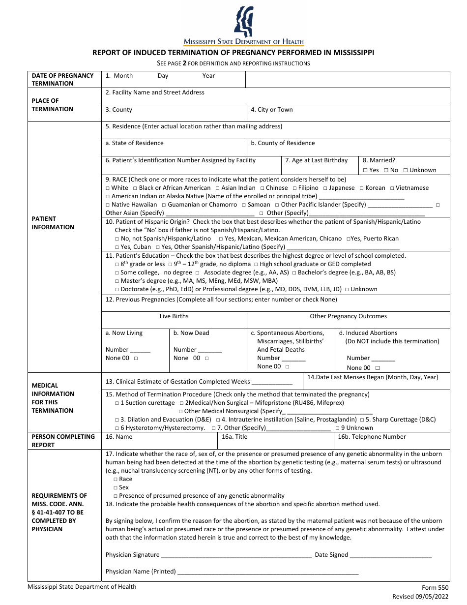 Form 550 Report of Induced Termination of Pregnancy Performed in Mississippi - Mississippi, Page 1