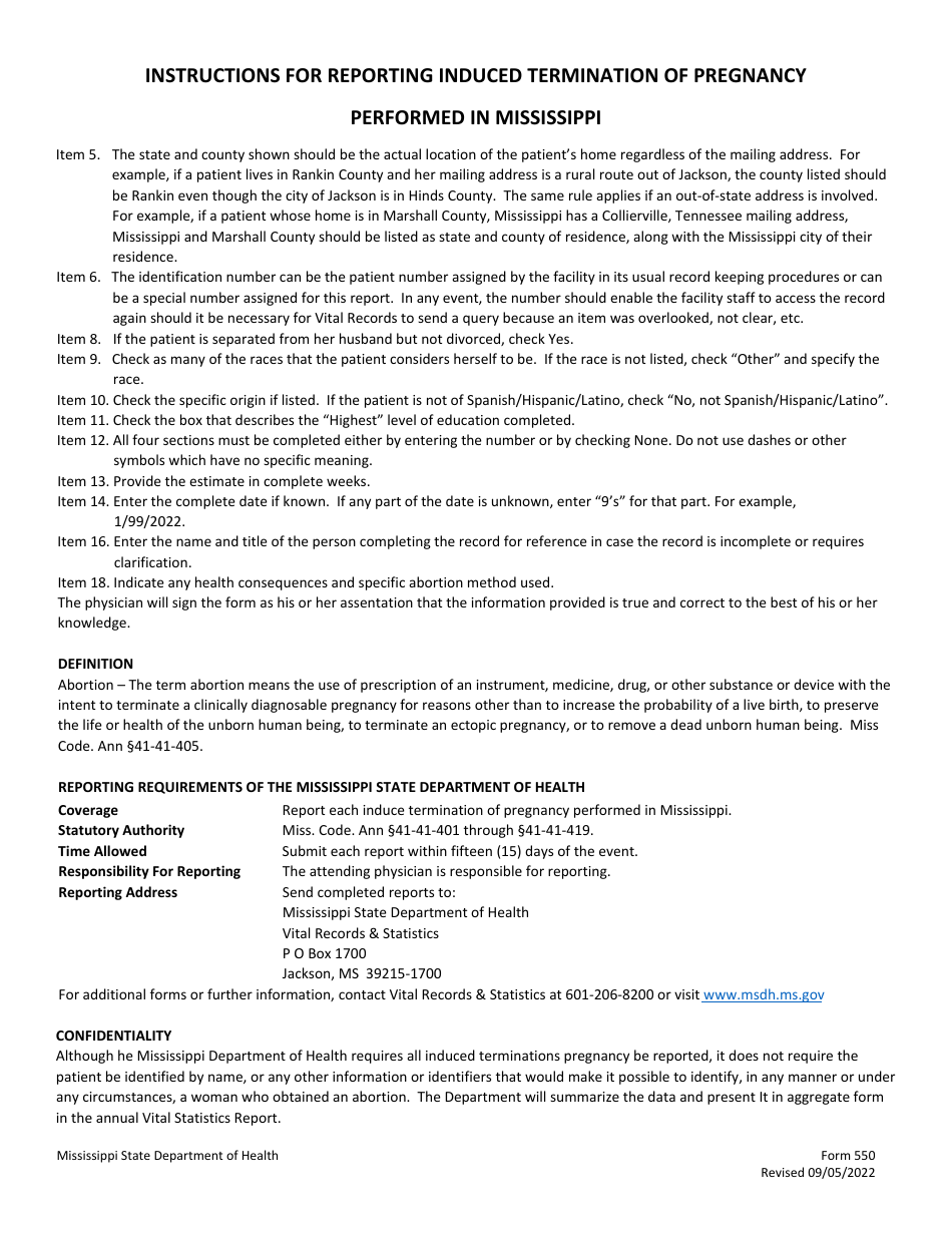 Form 550 Report of Induced Termination of Pregnancy Performed in Mississippi - Mississippi, Page 2