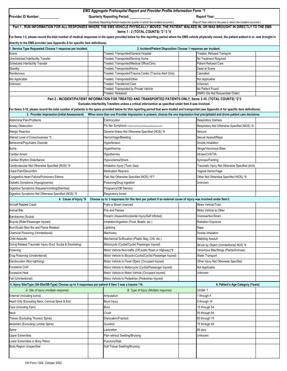 DH Form 1304 EMS Aggregate Prehospital Report and Provider Profile Information Form - Florida, Page 1