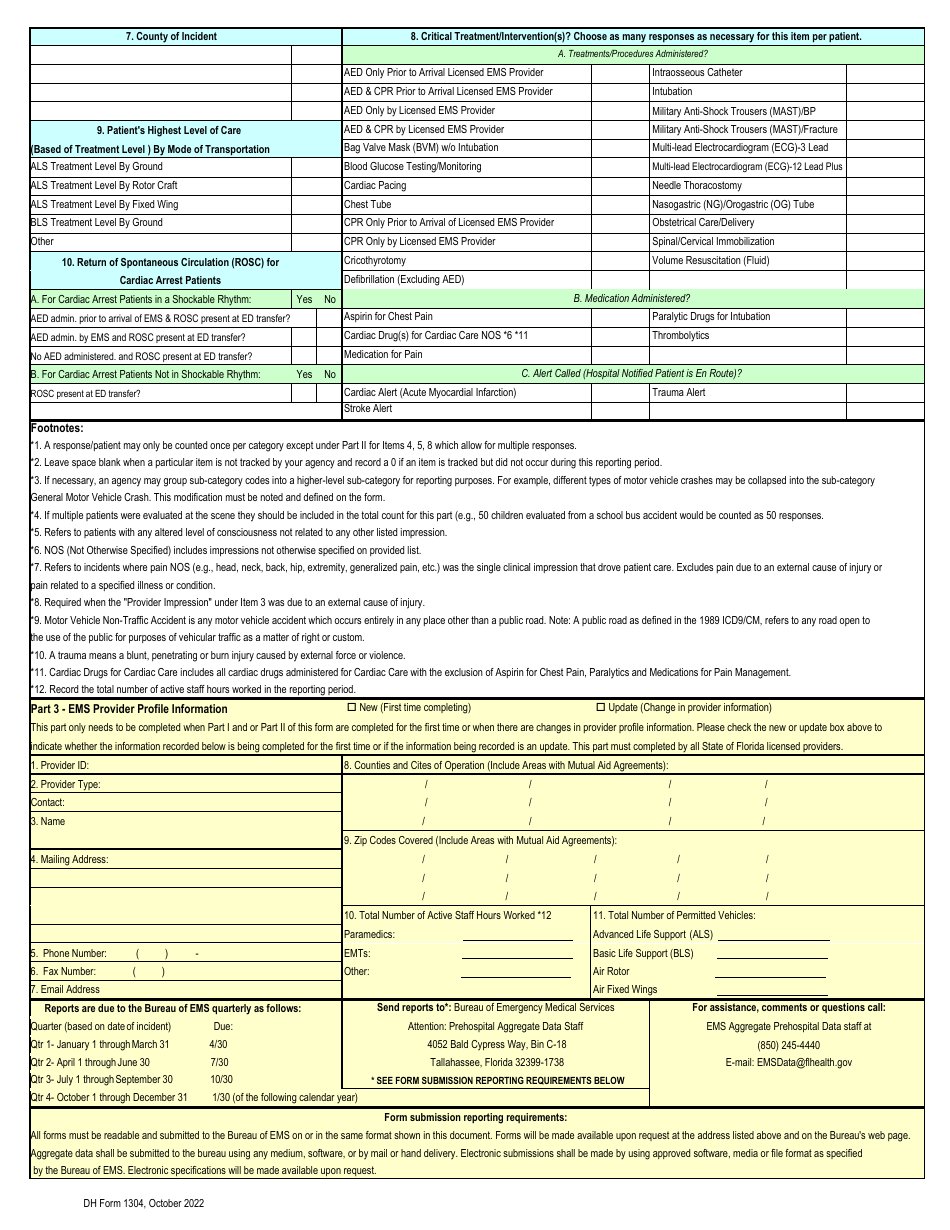 DH Form 1304 EMS Aggregate Prehospital Report and Provider Profile Information Form - Florida, Page 2