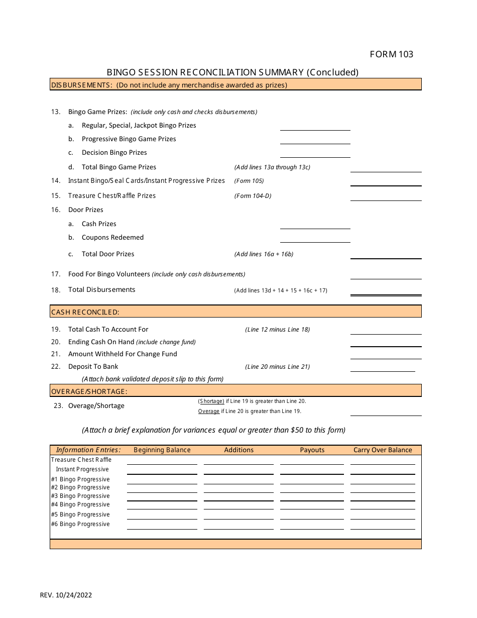 Form 103 Bingo Session Reconciliation Summary - Virginia, Page 2