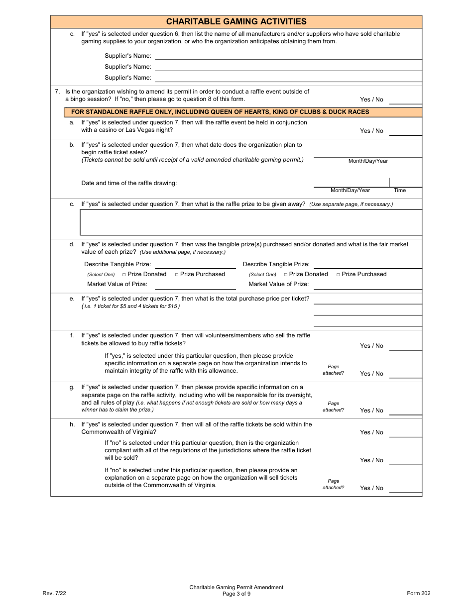 Form 202 Charitable Gaming Permit Amendment - Virginia, Page 3