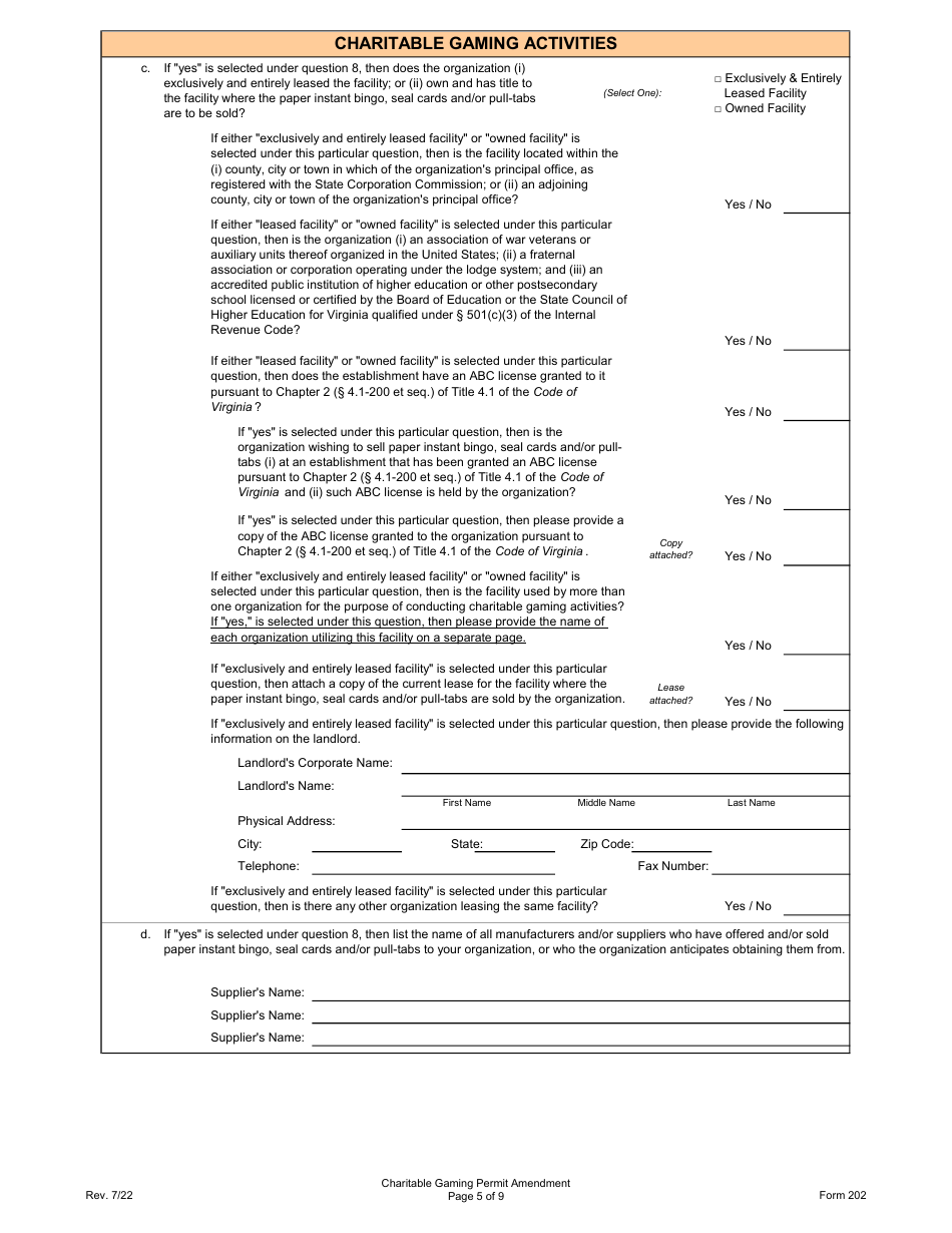 Form 202 Charitable Gaming Permit Amendment - Virginia, Page 5