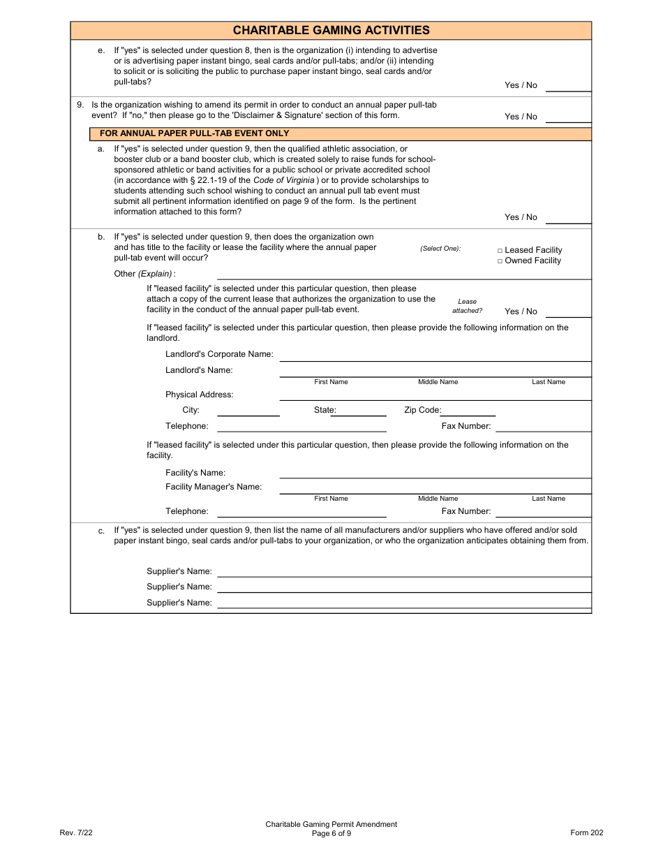 Form 202 Charitable Gaming Permit Amendment - Virginia, Page 6
