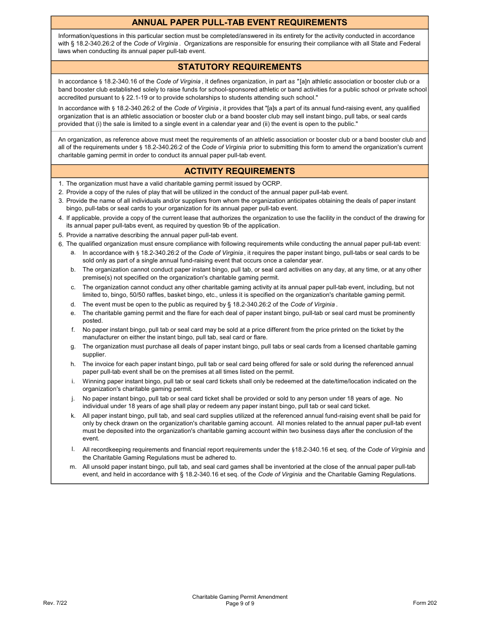 Form 202 Charitable Gaming Permit Amendment - Virginia, Page 9