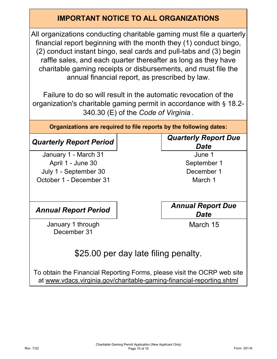 Form 201-N Charitable Gaming Permit Application (New Applicant Only) - Virginia, Page 10