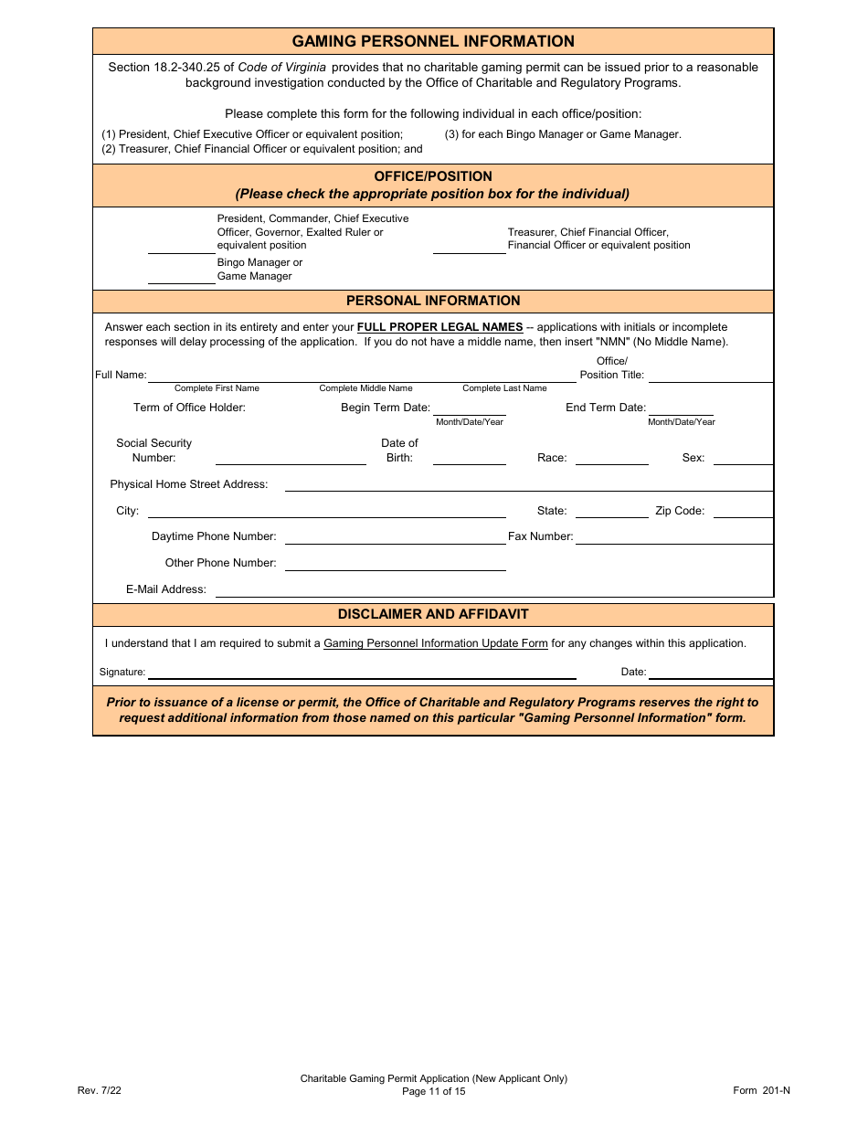 Form 201-N Charitable Gaming Permit Application (New Applicant Only) - Virginia, Page 11