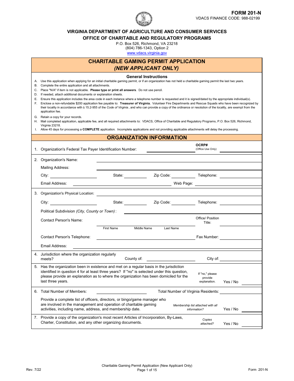 Form 201-N Charitable Gaming Permit Application (New Applicant Only) - Virginia, Page 1
