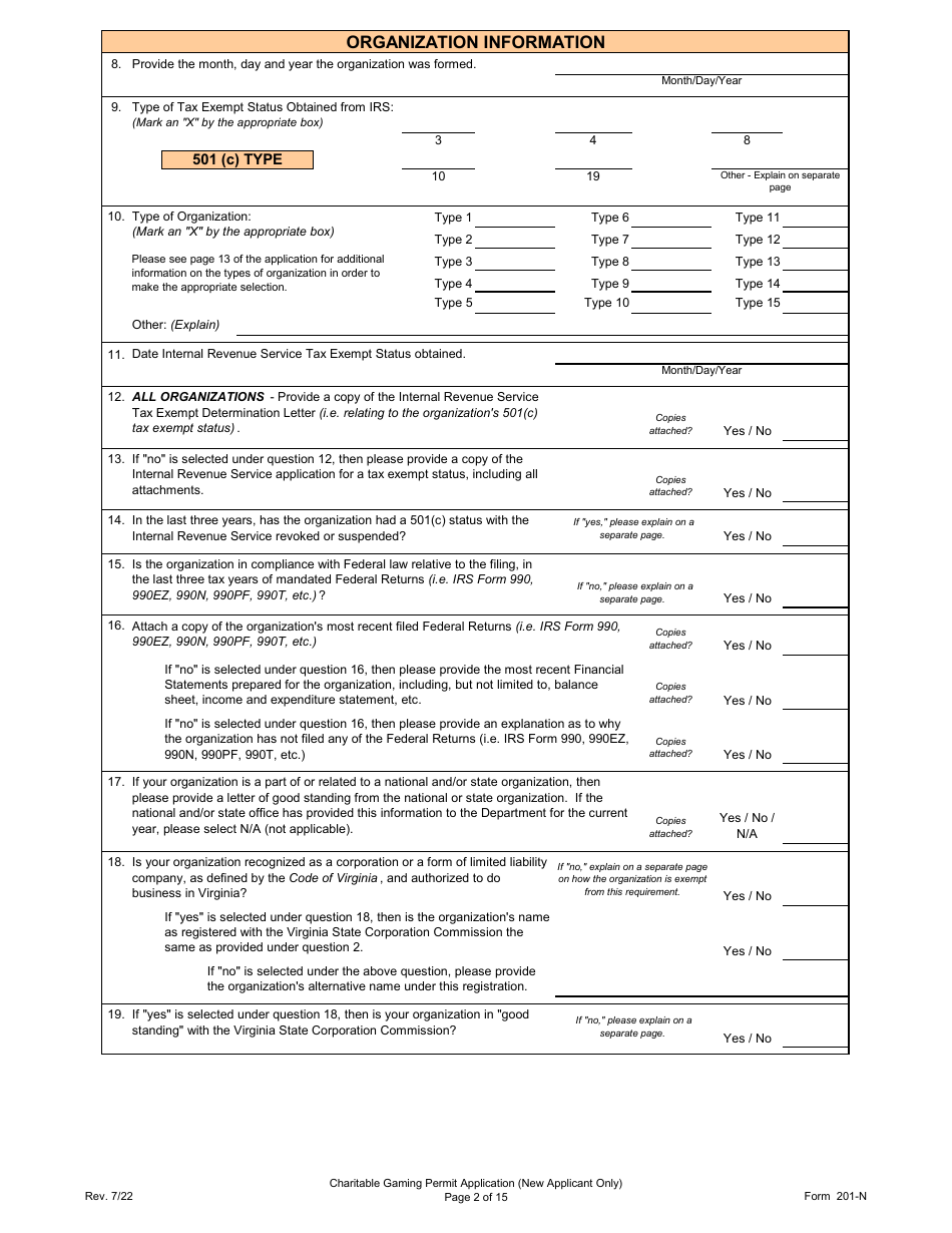 Form 201-N Charitable Gaming Permit Application (New Applicant Only) - Virginia, Page 2