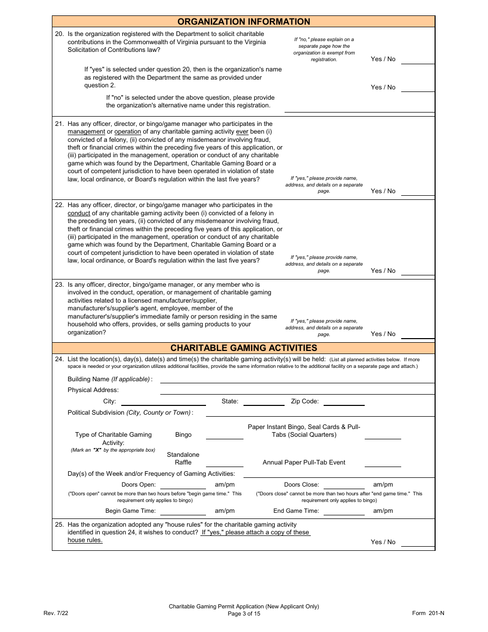 Form 201-N Charitable Gaming Permit Application (New Applicant Only) - Virginia, Page 3