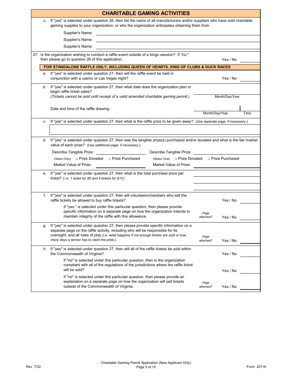 Form 201-N Charitable Gaming Permit Application (New Applicant Only) - Virginia, Page 5