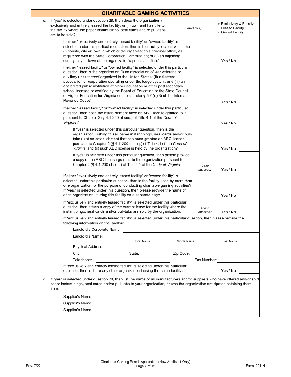 Form 201-N Charitable Gaming Permit Application (New Applicant Only) - Virginia, Page 7