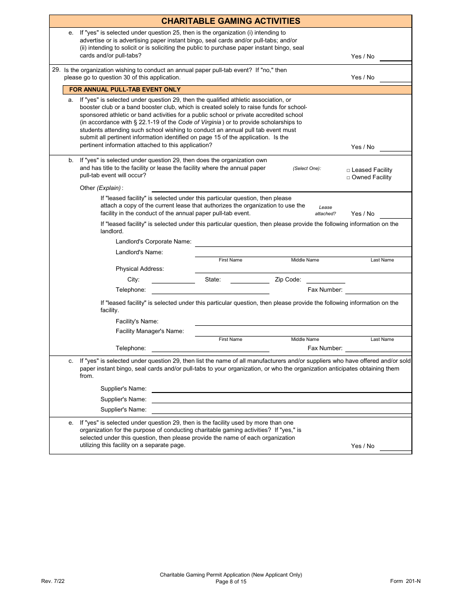 Form 201-N Charitable Gaming Permit Application (New Applicant Only) - Virginia, Page 8