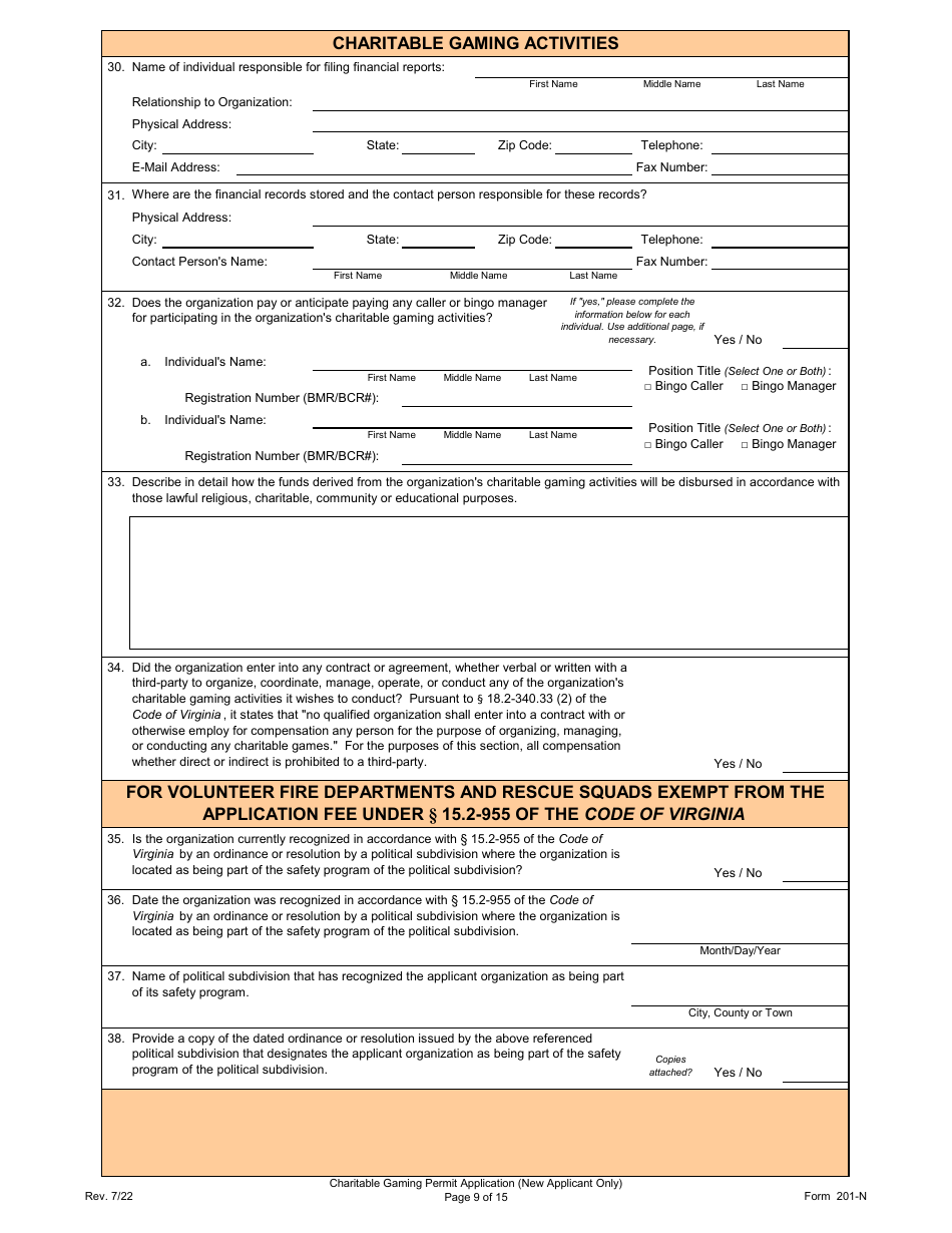 Form 201-N Charitable Gaming Permit Application (New Applicant Only) - Virginia, Page 9