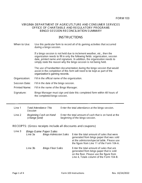 Instructions for Form 103 Bingo Session Reconciliation Summary - Virginia