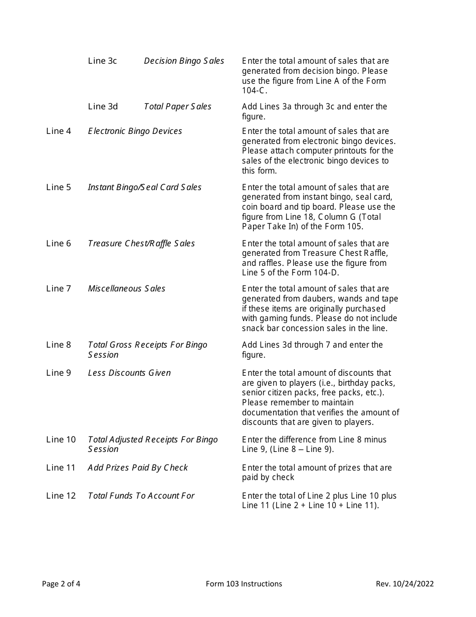 Instructions for Form 103 Bingo Session Reconciliation Summary - Virginia, Page 2
