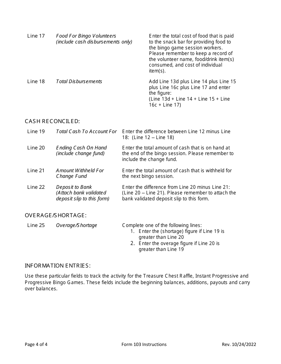 Instructions for Form 103 Bingo Session Reconciliation Summary - Virginia, Page 4