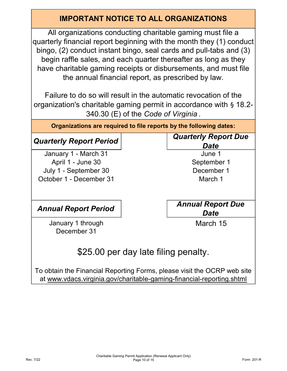 Form 201-R Charitable Gaming Permit Application (Renewal Applicant Only) - Virginia, Page 10