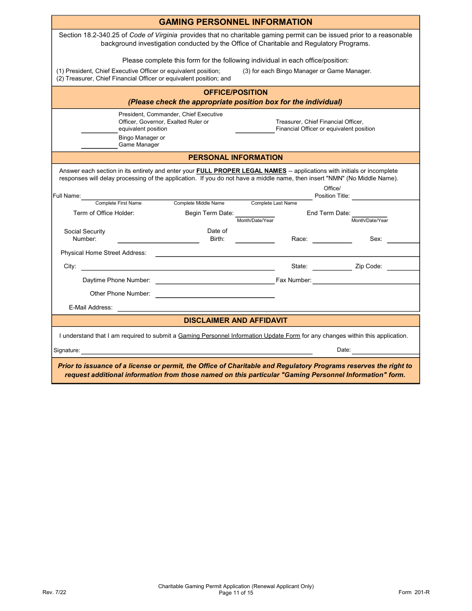 Form 201-R Charitable Gaming Permit Application (Renewal Applicant Only) - Virginia, Page 11