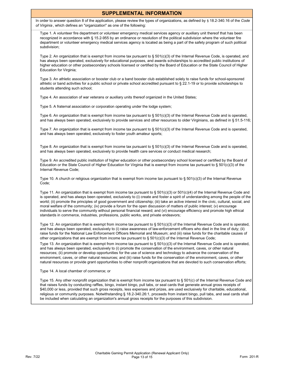 Form 201-R Charitable Gaming Permit Application (Renewal Applicant Only) - Virginia, Page 13